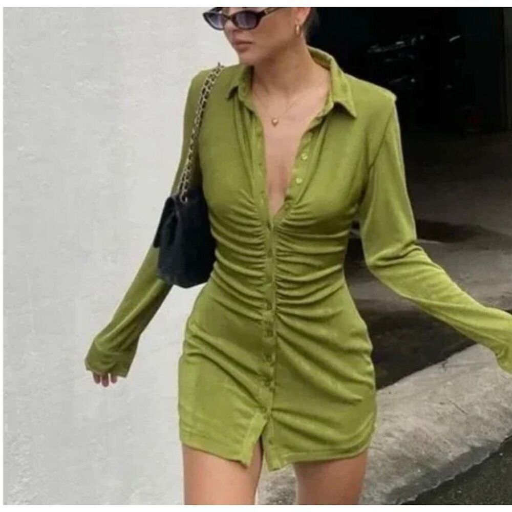 With Jean Alexa Long Sleeve Ruched Mini Dress | XL in Green